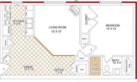 Floor plan for 1 bed, 1 bath, 800 sqft